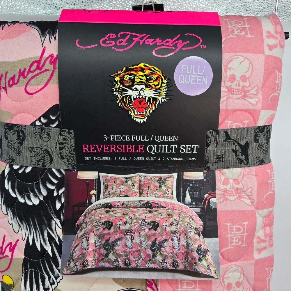Ed Hardy Pink Camo Skull Tattoo 3pc Reversible Quilt Set Full Queen New